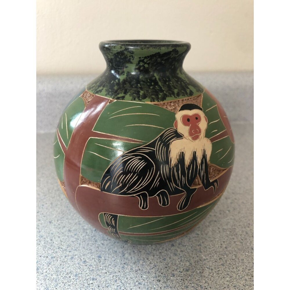 Celia Salazar Hand Carved Etched Clay Vase Toucan Monkey Butterfly Tropical 6" A